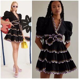 CELIA B Celeste Mini Scalloped Embroidered Black Dress SZ S